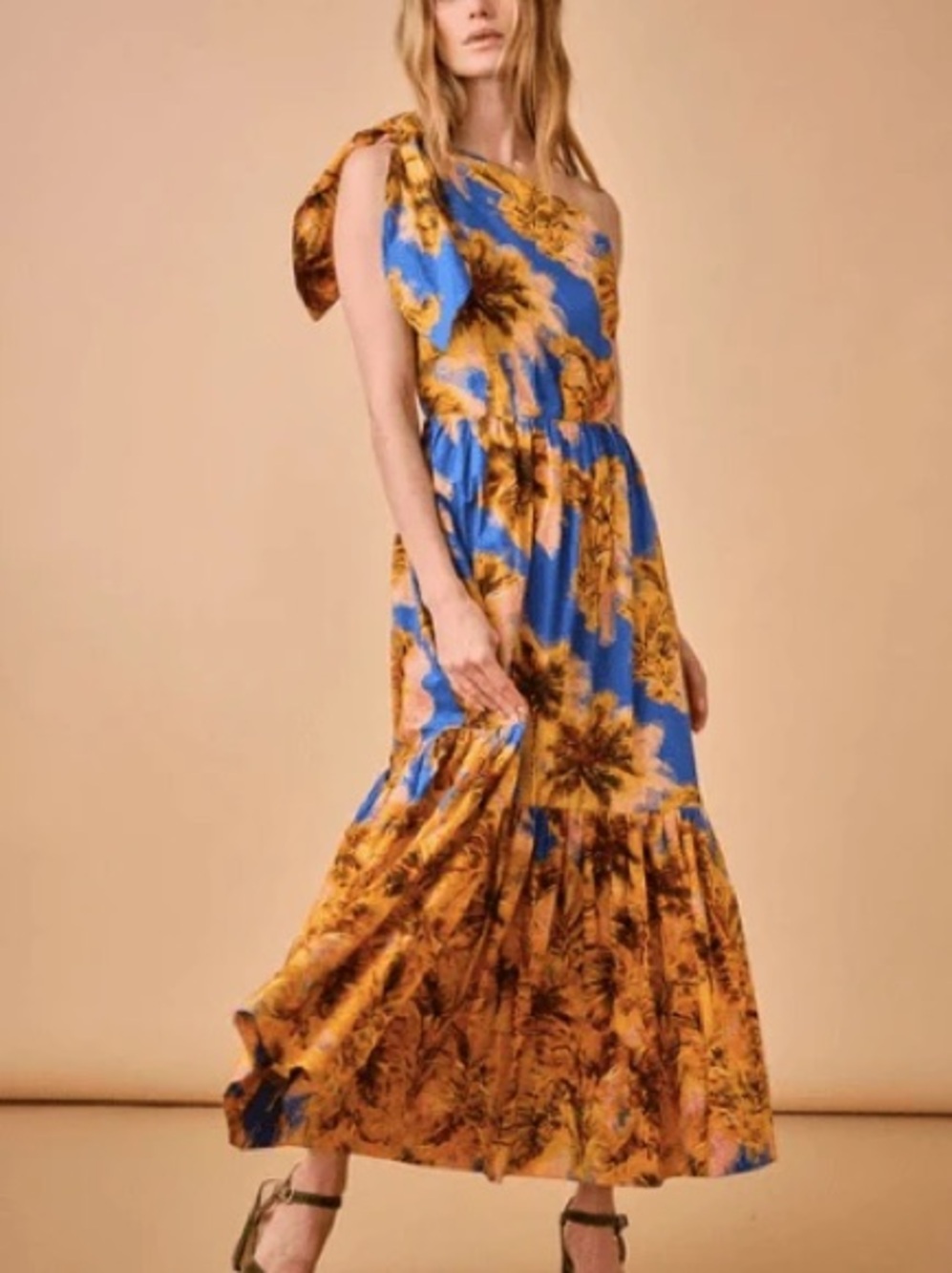 HUNTER BELL Blue and Mustard One-Shoulder Floral Maxi Dress